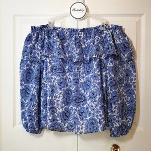Ann Taylor Women's 3/4 Sleeve Floral Top Blue/White Size L